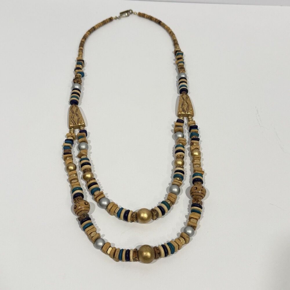 Vintage Casual Corner Double Strand Beaded Necklace Boho Wood Gold Tone Signed - Picture 4 of 16